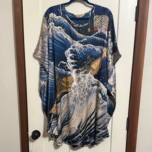 Exotic Vintage Blue and White Wave Print 100% Silk Kaftan